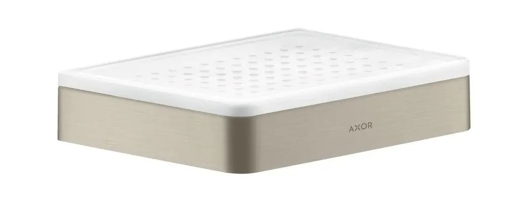 Seifenschale oder Ablage in gebürstetem Nickel, mit weißem oberen Teil und durchlöcherter Oberfläche, von der Marke AXOR.